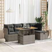6 Piece Garden Sofa Set with Cushions Grey Poly Rattan Acacia 