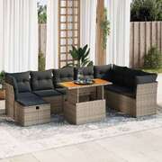9 Pcs Garden Sofa Set with Cushions Grey Poly Rattan Acacia - Comfort & Style