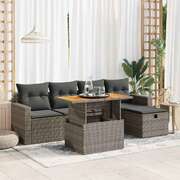 6 Piece Garden Sofa Set with Cushions Grey Poly Rattan Acacia - Outdoor Relaxation