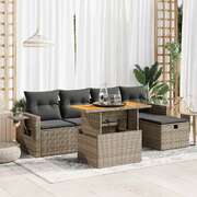 6 Piece Garden Sofa Set with Cushions Grey Poly Rattan Acacia - Outdoor