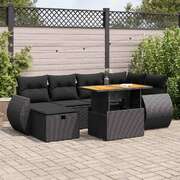 Sleek 8 Piece Garden Sofa Set with Cushions Black Poly Rattan Acacia