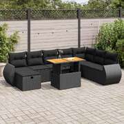 Modern 9 Piece Garden Sofa Set with Cushions Black Poly Rattan Acacia