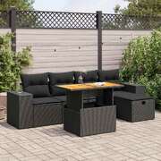 Modern - Garden Sofa Set with Cushions Couch 6 Piece Black Poly Rattan Acacia