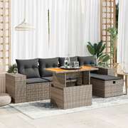6 Piece Garden Sofa Set with Cushions Grey Poly Rattan Acacia - Stylish Comfort