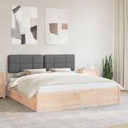 King Bed Frame Dark Grey Upholstered Headboard Solid Pine Wood Platform Bed