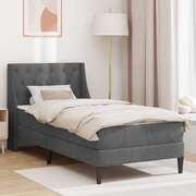 Single Bed Frame Dark Grey with Mattress Velvet Upholstered Plywood