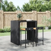 Contemporary Charm: 2-Piece Black Poly Rattan and Solid Wood Bar Stool Set