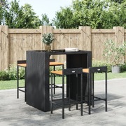 Contemporary Charm: 4-Piece Black Poly Rattan and Solid Wood Bar Stool Set