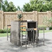 Contemporary Charm: 4-Piece Grey Poly Rattan and Solid Wood Bar Stool Set