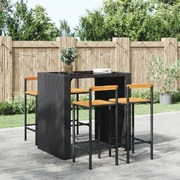 Contemporary Charm: 4-Piece Black Poly Rattan and Solid Wood Acacia Bar Stools