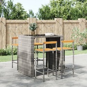Contemporary Charm: 4-Piece Grey Poly Rattan and Solid Wood Acacia Bar Stools