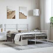 Modern Tranquility: White Metal Bed Frame with Headboard Queen Size