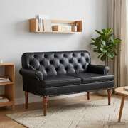 Button Tufted Loveseat Faux Leather Black | EXTG