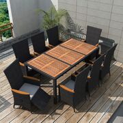 9 Piece Outdoor Dining Set Poly Rattan Acacia Wood Black