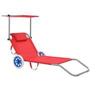 Folding Sun Lounger with Canopy and Wheels Steel Red