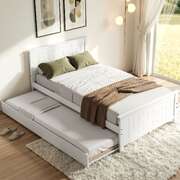 Single Bed Frame Trundle Pull-Out Pine Wood White | EXTG