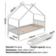Bed Frame Wooden Base Kids Single Timber House with 2 Storage Drawers Beds White