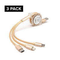 3x 3in1 Retractable Fast Chargin Cable Micro USB Type C Adapt iPhone iOS (Gold)