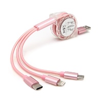 3 in 1 Retractable Fast Chargin Cable Micro USB Type C Adapter iPhone iOS (Pink)