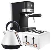 Breakfast Set White with Rose Gold Kettle, Toaster & 1.25L Espresso Machine