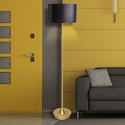 Metal Floor Lamp in Brushed Brass Finish Black Linen Shade