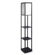Etagere Floor Lamp Shelves in Black Frame with Brown Fabric Shade