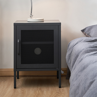 Bedside Table Side Table Metal Mesh Door Cabinet Nightstand Black