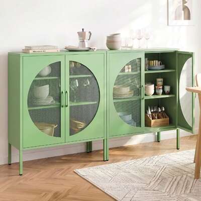 Green Steel Buffet Sideboard Mesh Doors 2pc | EXTG