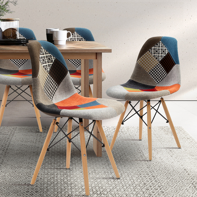  Set of 4 Retro Beech Fabric Dining Chair - Multi Colour