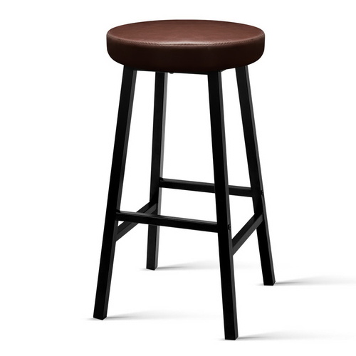 2 x Vintage Kitchen Bar Stools Industrial Leather Brown Bar Stool Retro