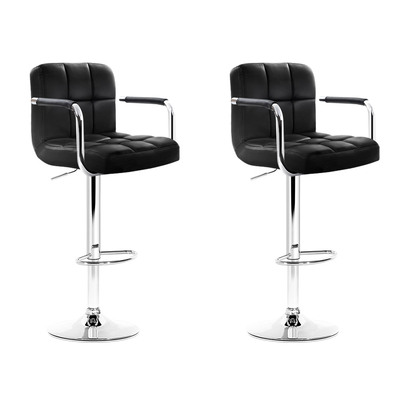 2x Bar Stools Leather Gas Lift w/Armrest Black