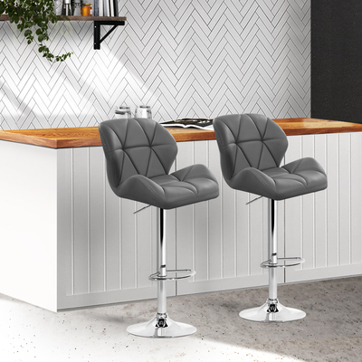 2x Bar Stools Gas Lift Kitchen Swivel Chairs Leather Chrome Grey