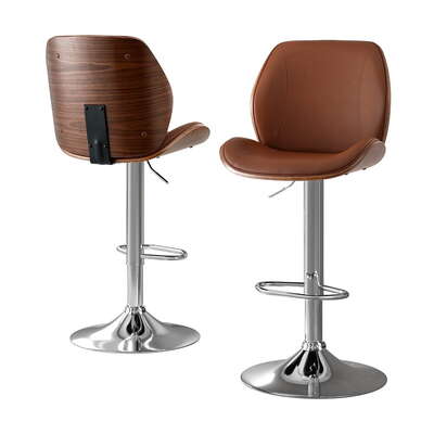 2x Adjustable Kitchen Counter Chairs Bentwood Bar Stools Brown Leather