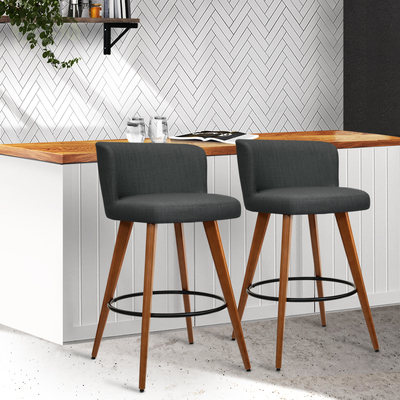 Set of 2 Wooden Fabric Bar Stools-Charcoal