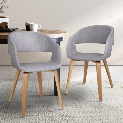Set of 2 Timber Wood and Fabric Dining Chairs - Light Grey