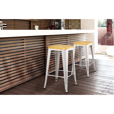 Set of 2 Metal and Bamboo Bar Stools - White