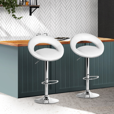 2x Gas Lift Bar Stools Swivel Chairs Leather Chrome White