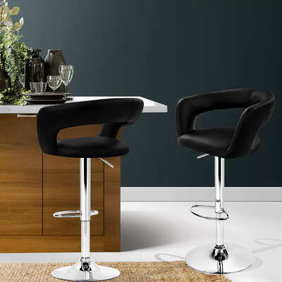 2x Gas Lift Bar Stools Swivel Chairs Leather Chrome Black