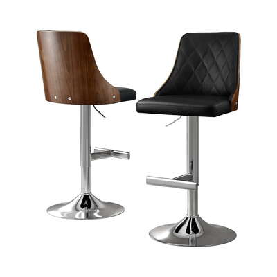 2x Wood Bar Stools Black Leather Swivel Adjustable Kitchen Counter Chairs