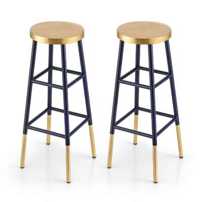 Bar Stool Metal Frame Gold Upholstered Seat Navy 2 Pack
