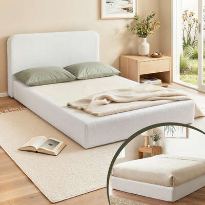 Queen Bed Frame No Assembly Boucle Cream | EXTG