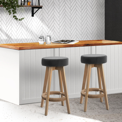 2x Kitchen Bar Stools Wooden Bar Stool Swivel Barstools Counter Chairs 74cm Fabric Grey