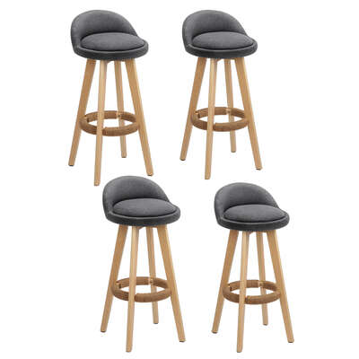 4x Bar Stools Padded Linen Wooden Grey Elegant 