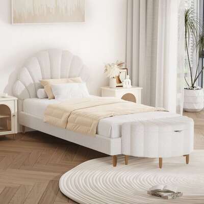 Boucle Bed Frame with Ottoman Set Scallop Shaped Sherpa Bedhead Single