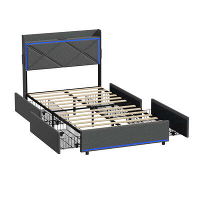Bed Frame King Single with LED Headboard Charging 4 Drawers