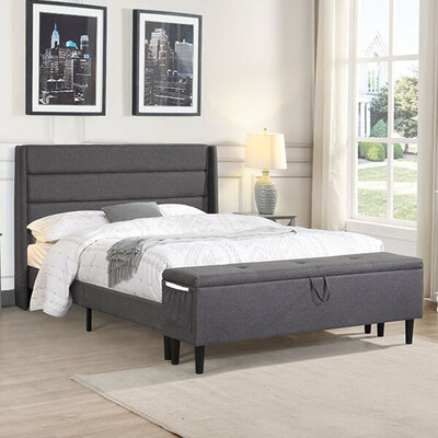 Bed Frame Fabric Queen Size Mattress Base Wooden Platform Storage Ottoman