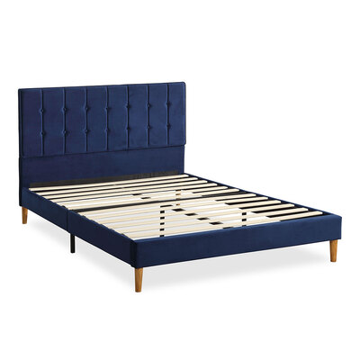 Bed Frame Wooden with Velevt Blue Padded Headboard Queen