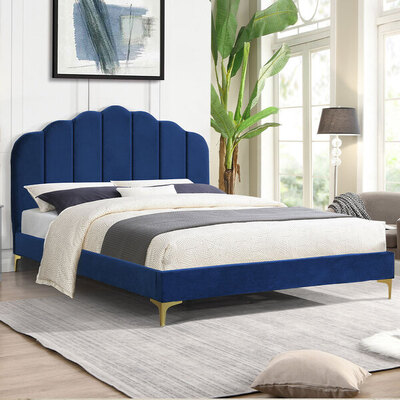 Bed Frame Wooden with Velevt Blue Modern Headboard Queen