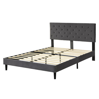 Bed Frame Wooden with Velevt Grey Simple Backboard Double