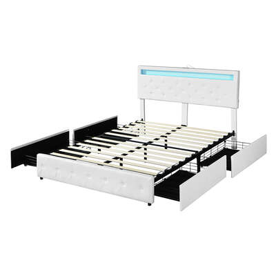 Functional Double Bed Frame RGB LED PU 4 Drawer USB - Premium Quality